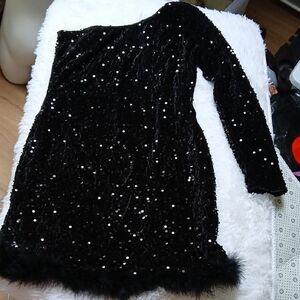 Whimsigoth Dark Fairy Black Sequin Feather Trim One-Shoulder Midi Party Dress